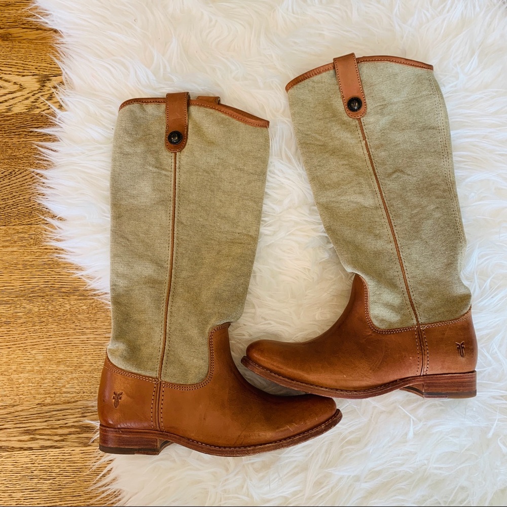 FRYE canvas & leather tall Paige boots
